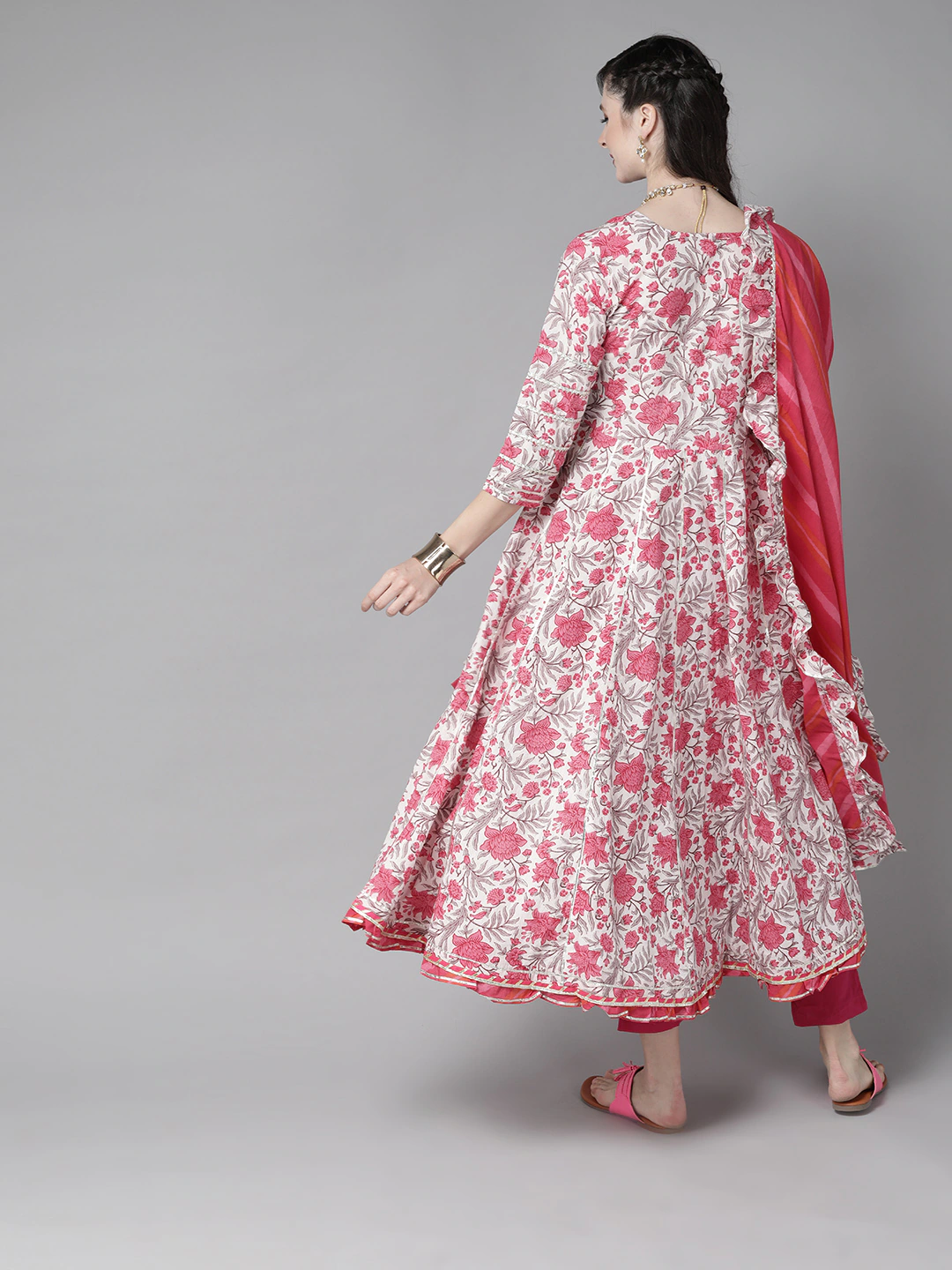 Ishin Women's Cotton White & Pink Embroidered Anarkali Kurta Trouser Dupatta Set