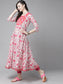 Ishin Women's Cotton White & Pink Embroidered Anarkali Kurta Trouser Dupatta Set