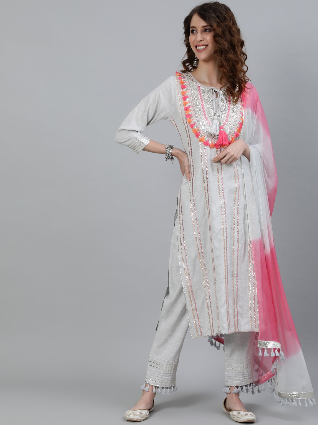 Ishin Women's Grey Embroidered A-Line Kurta With Trouser & Ombre Dupatta