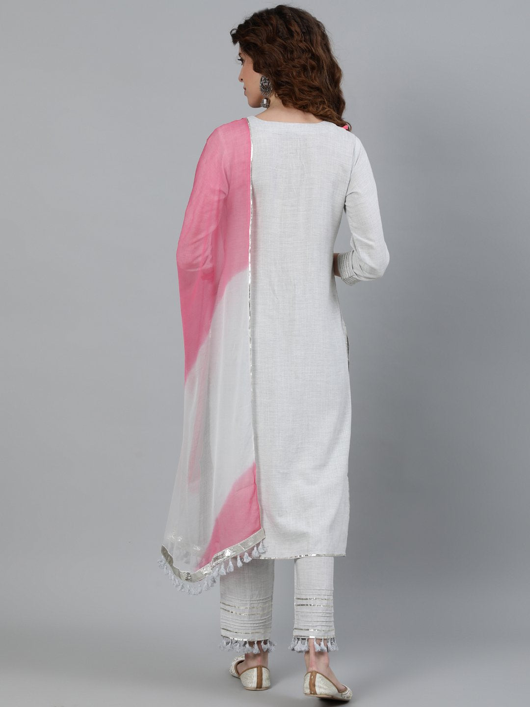 Ishin Women's Grey Embroidered A-Line Kurta With Trouser & Ombre Dupatta