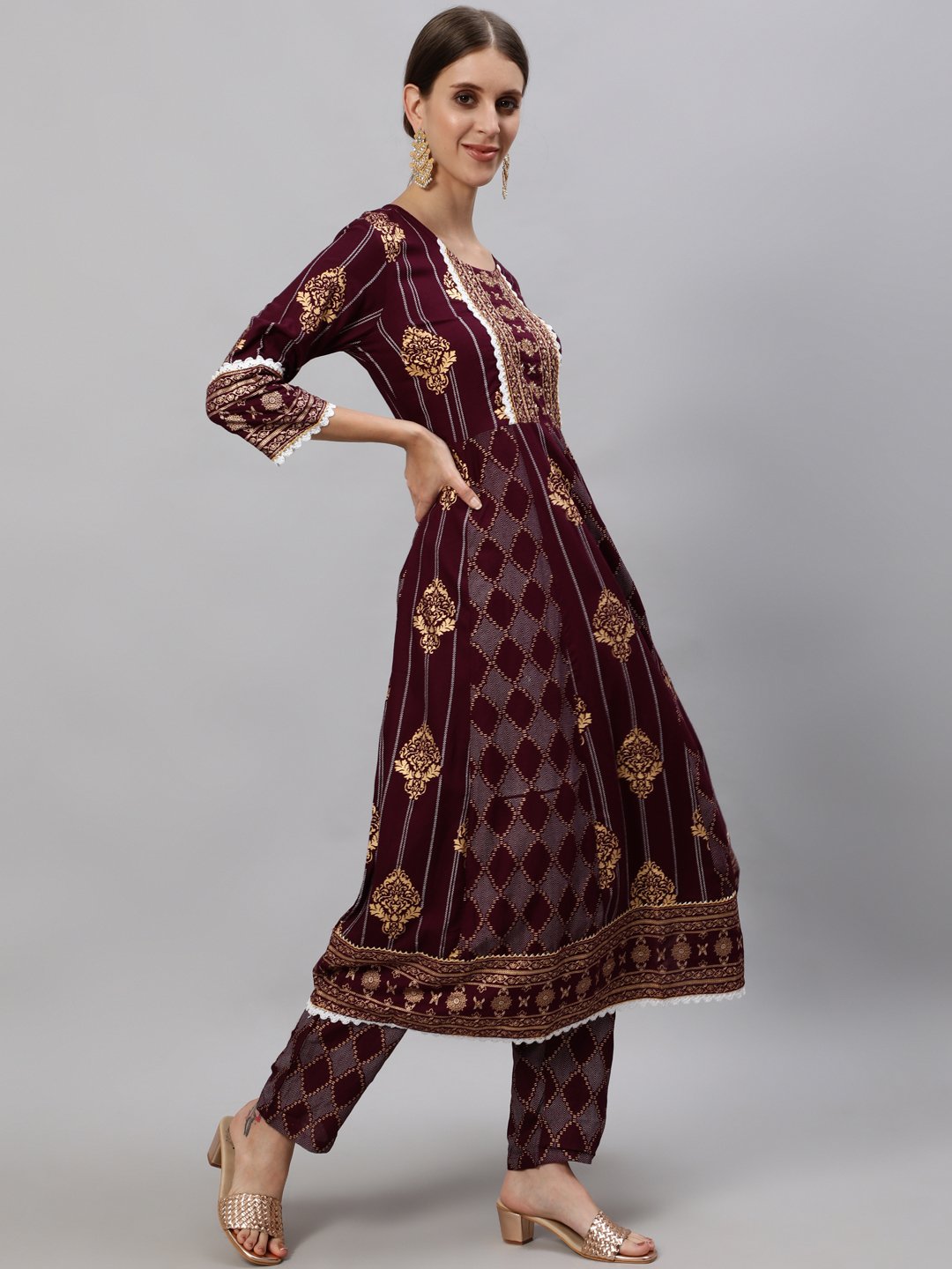 Ishin Women's Rayon Burgundy Embroidered Anarkali Kurta Trouser Dupatta Set
