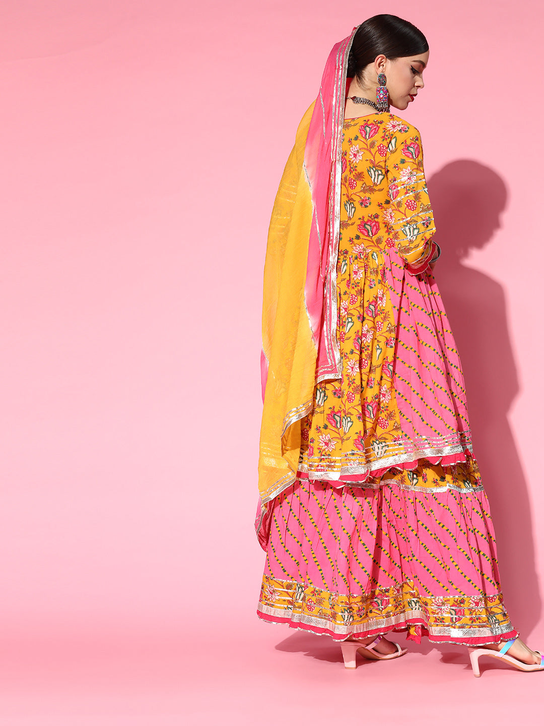 Ishin Women's Cotton Mustard & Pink Embroidered Anarkali Peplum Kurta Sharara Dupatta Set