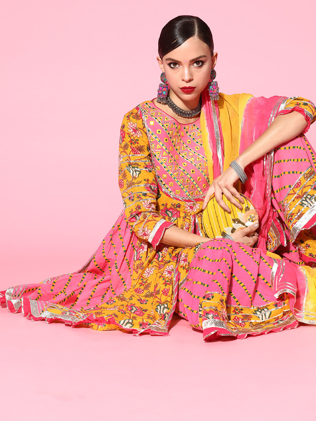 Ishin Women's Cotton Mustard & Pink Embroidered Anarkali Peplum Kurta Sharara Dupatta Set