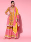 Ishin Women's Cotton Mustard & Pink Embroidered Anarkali Peplum Kurta Sharara Dupatta Set