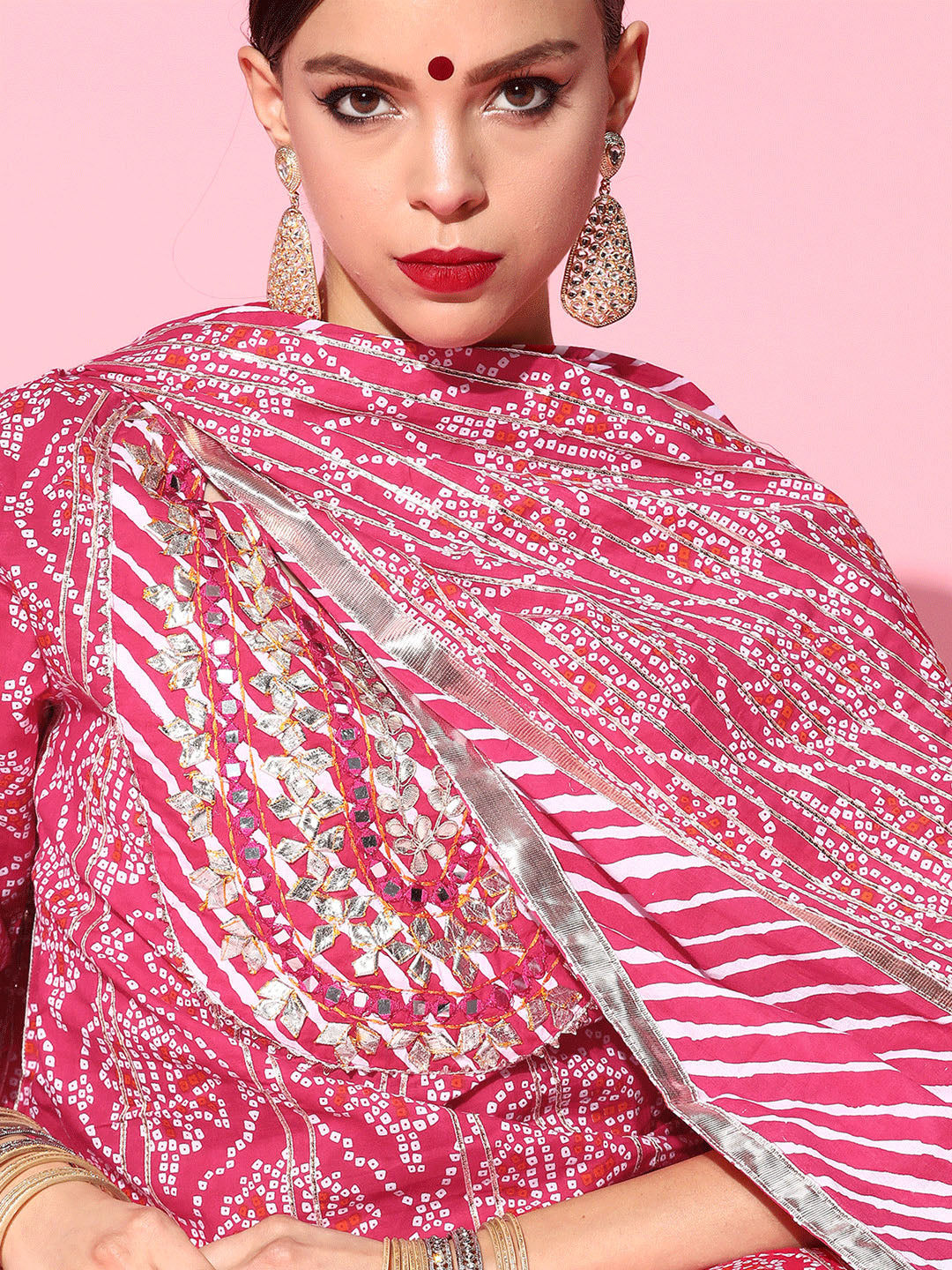 Ishin Women's Cotton Pink Embroidered A-Line Kurta Sharara Dupatta Set