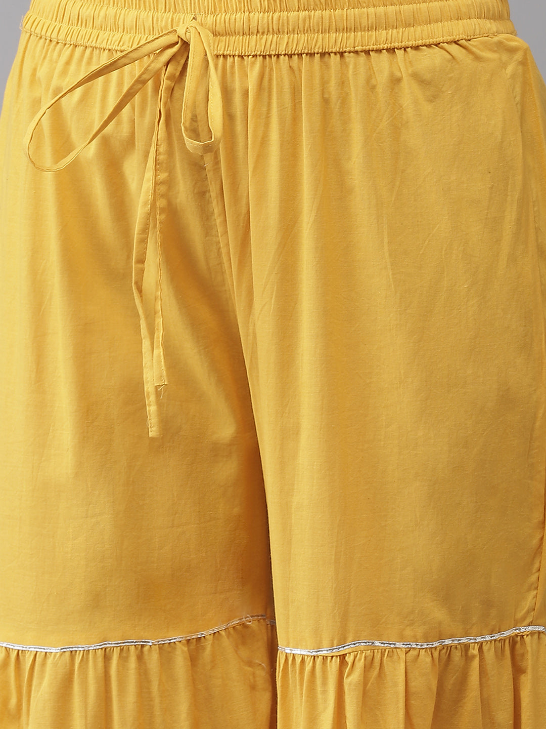 Ishin Women's Cotton Blend Mustard Embroidered A-Line Kurta Sharara Dupatta Set