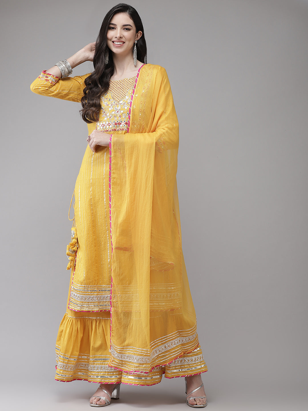 Ishin Women's Cotton Blend Mustard Embroidered A-Line Kurta Sharara Dupatta Set