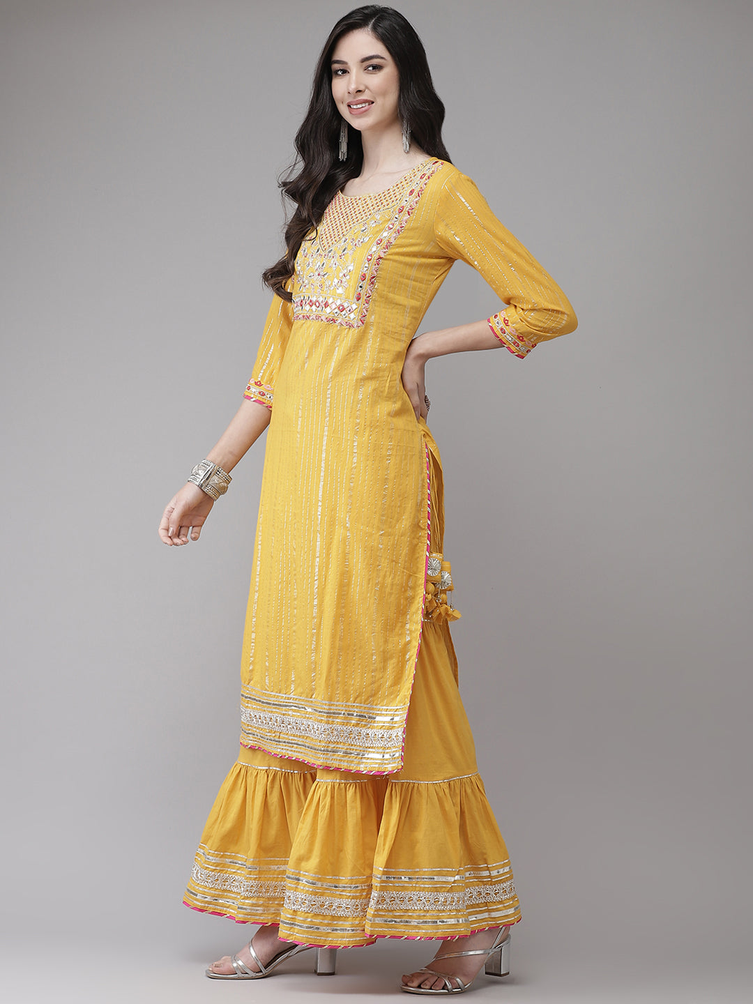 Rich Yellow Gotta Patti Embroidered Kurta Sharara Set With Sheer Dupatta