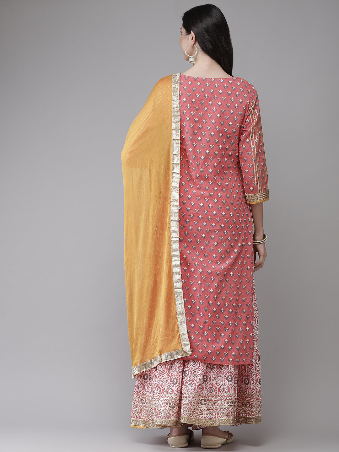 Ishin Women's Cotton Peach Gotta Patti Embroidered A-Line Kurta Sharara Dupatta Set 