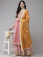 Ishin Women's Cotton Peach Gotta Patti Embroidered A-Line Kurta Sharara Dupatta Set