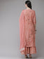 Ishin Women's Silk Blend Peach Embroidered A-Line Kurta Sharara Dupatta Set