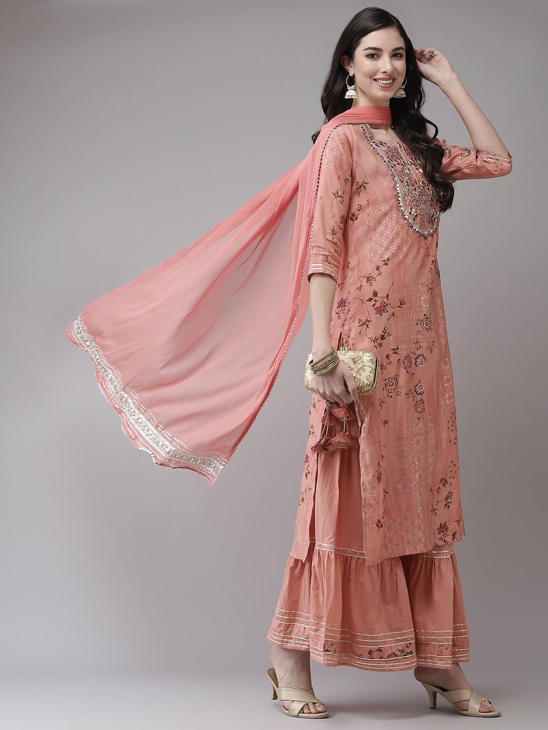 Ishin Women's Silk Blend Peach Embroidered A-Line Kurta Sharara Dupatta Set