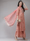 Ishin Women's Silk Blend Peach Embroidered A-Line Kurta Sharara Dupatta Set