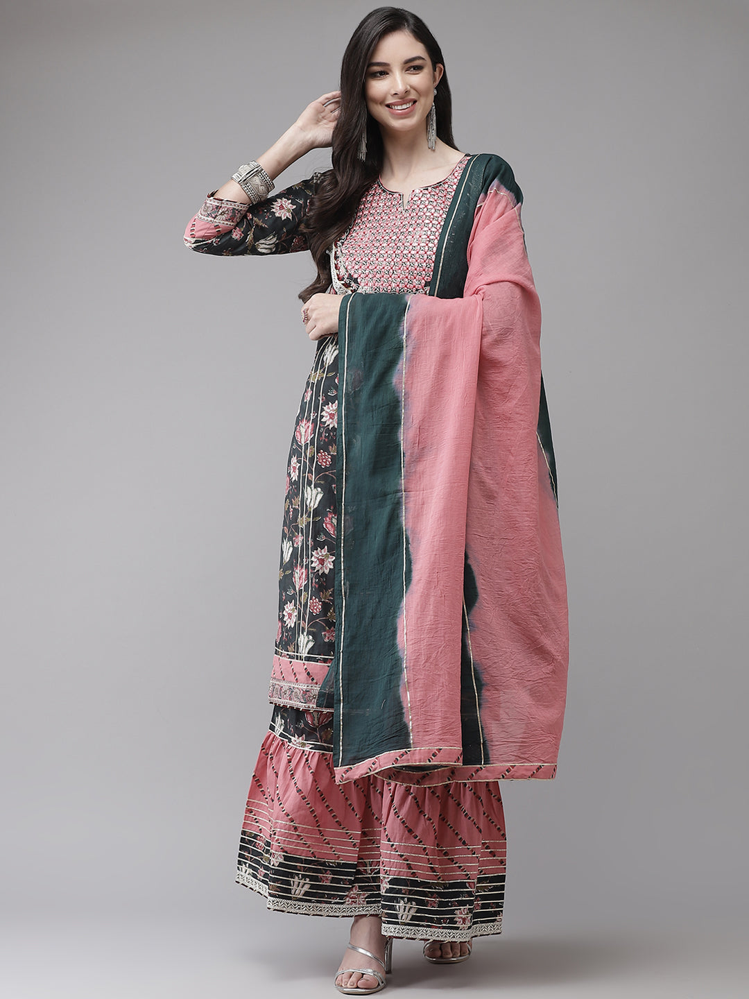 Ishin Women's Green & Pink Gotta Patti Embroidered A-Line Kurta Sharara Dupatta Set 