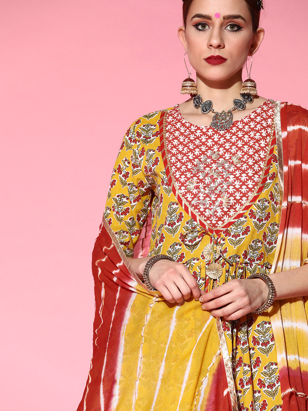 Ishin Women's Mustard Gotta Patti Embroidered A-Line Peplum Kurta Sharara Dupatta Set 