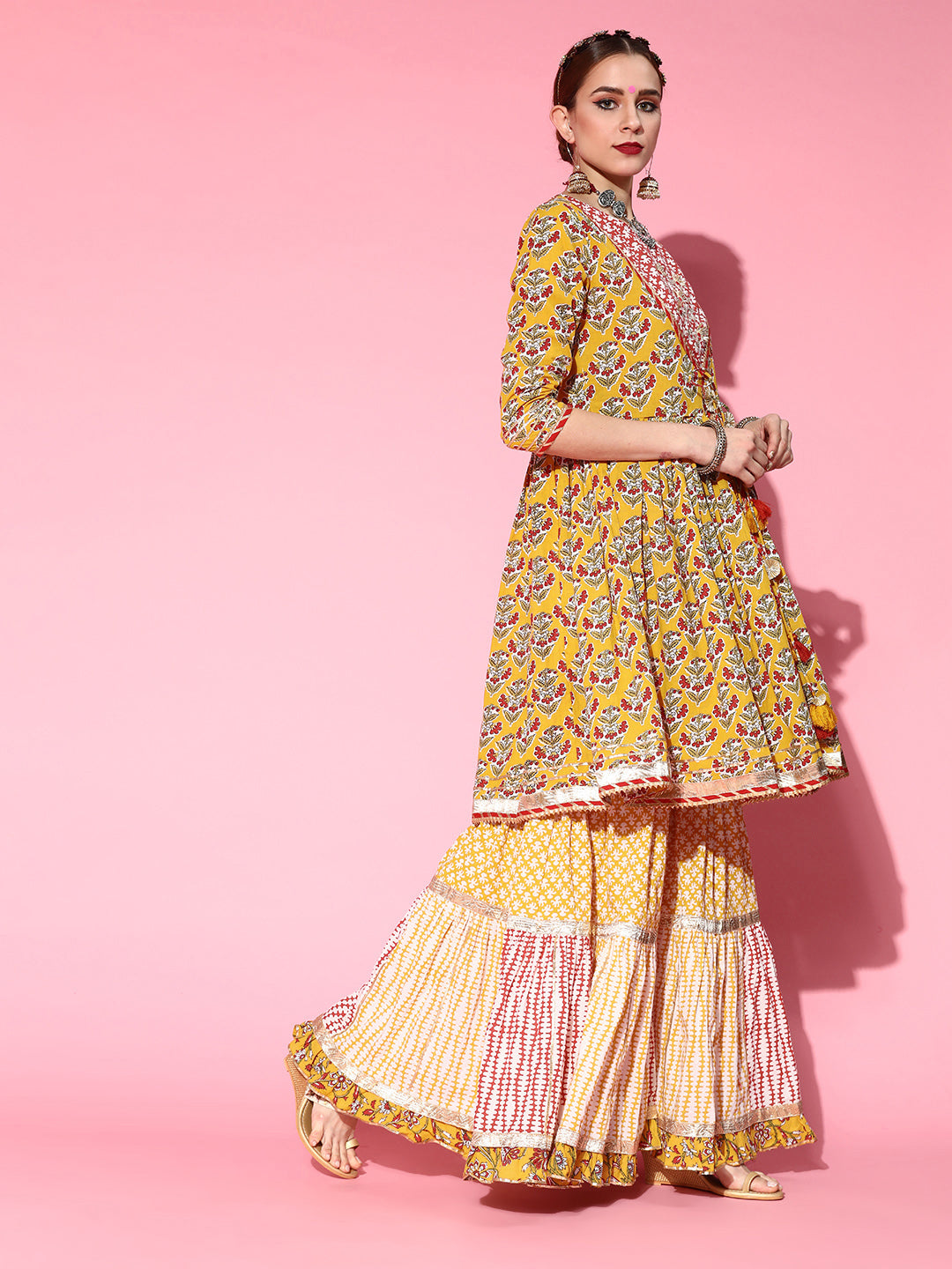 Ishin Women's Mustard Gotta Patti Embroidered A-Line Peplum Kurta Sharara Dupatta Set