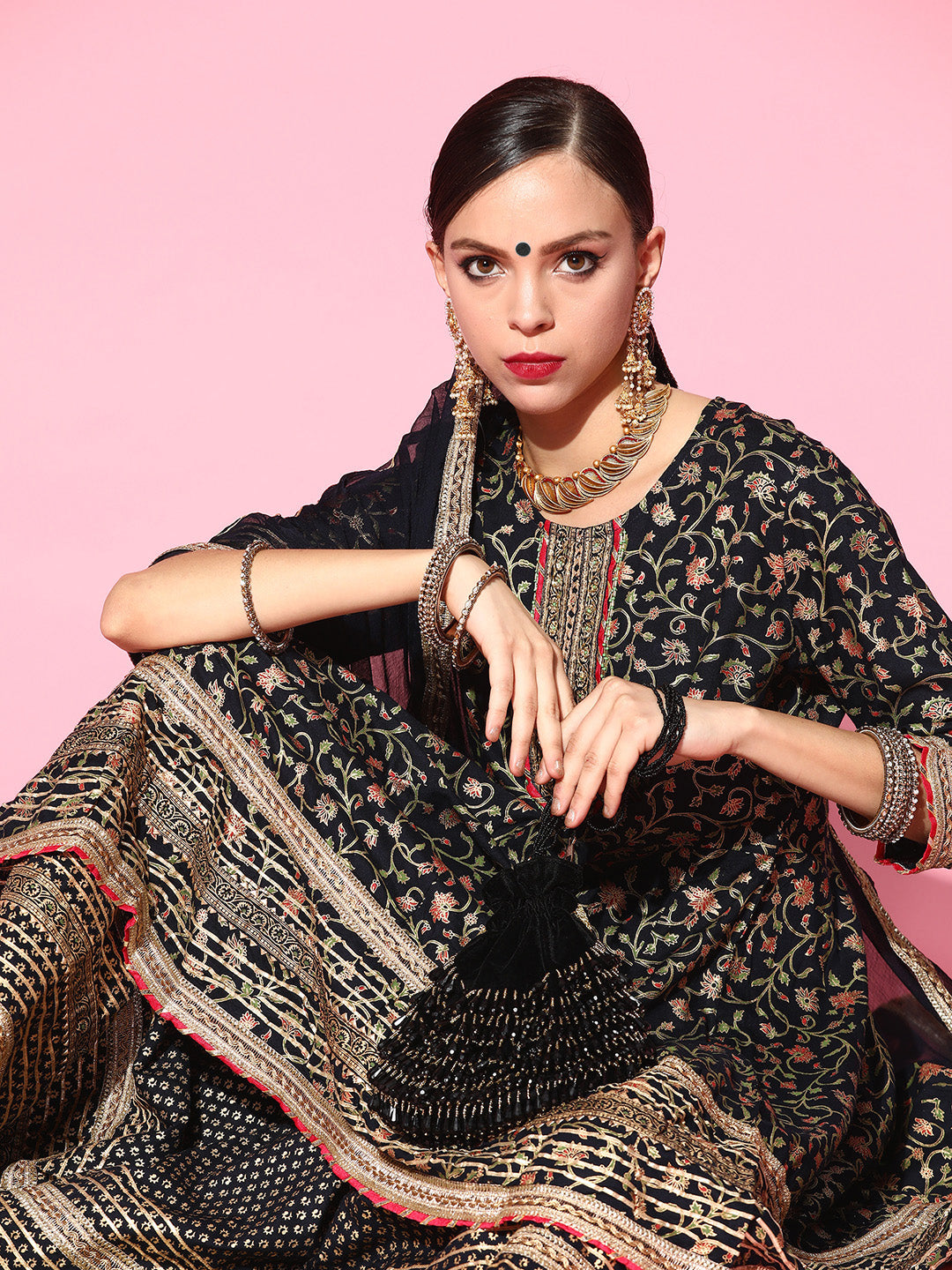 Graceful Navy Blue Viscose rayon brocade with zari embroidery Anarkali kurta  set with dupatta