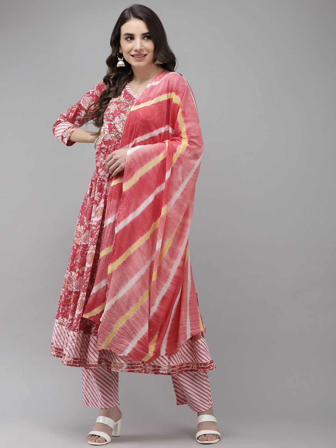 Ishin Women's Cotton Blend Pink Embroidered Anarkali Kurta Trouser Dupatta Set