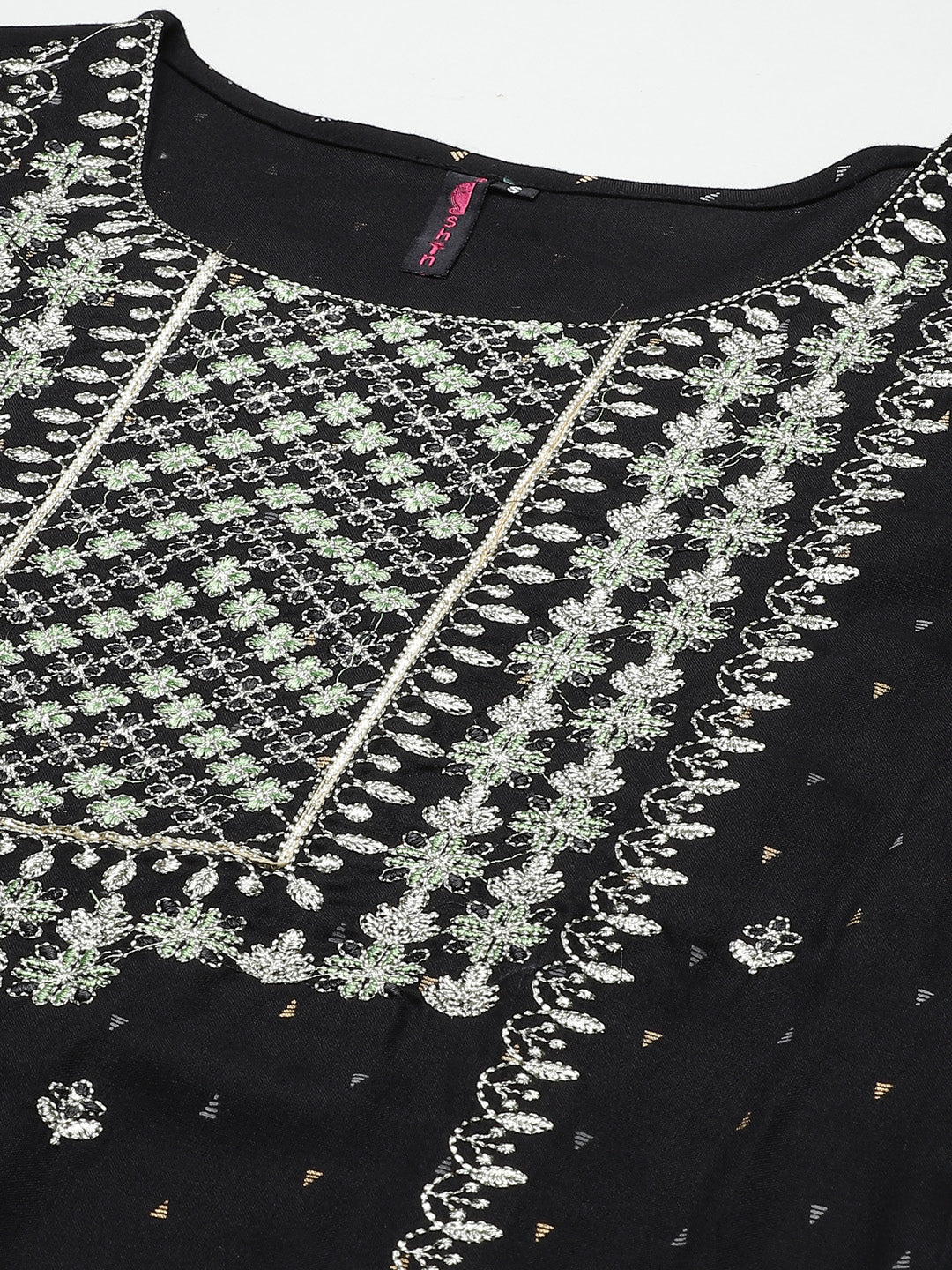 Ishin Women's Rayon Black Embroidered A-Line Kurta Sharara Dupatta Set