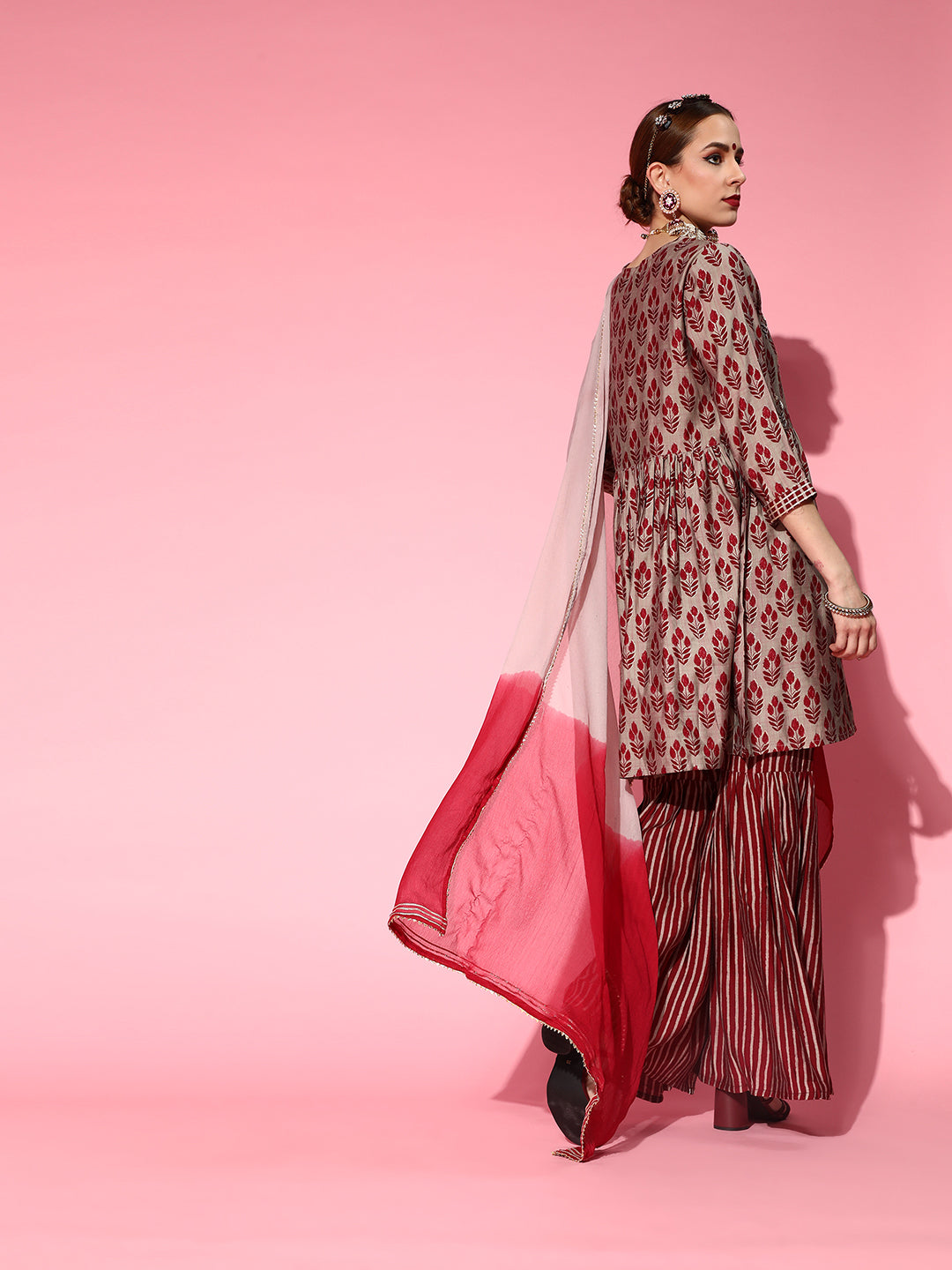 Ishin Women's Silk Blend Grey & Maroon Embroidered Anarkali Peplum Kurta Sharara Dupatta Set