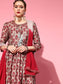 Ishin Women's Silk Blend Grey & Maroon Embroidered Anarkali Peplum Kurta Sharara Dupatta Set 