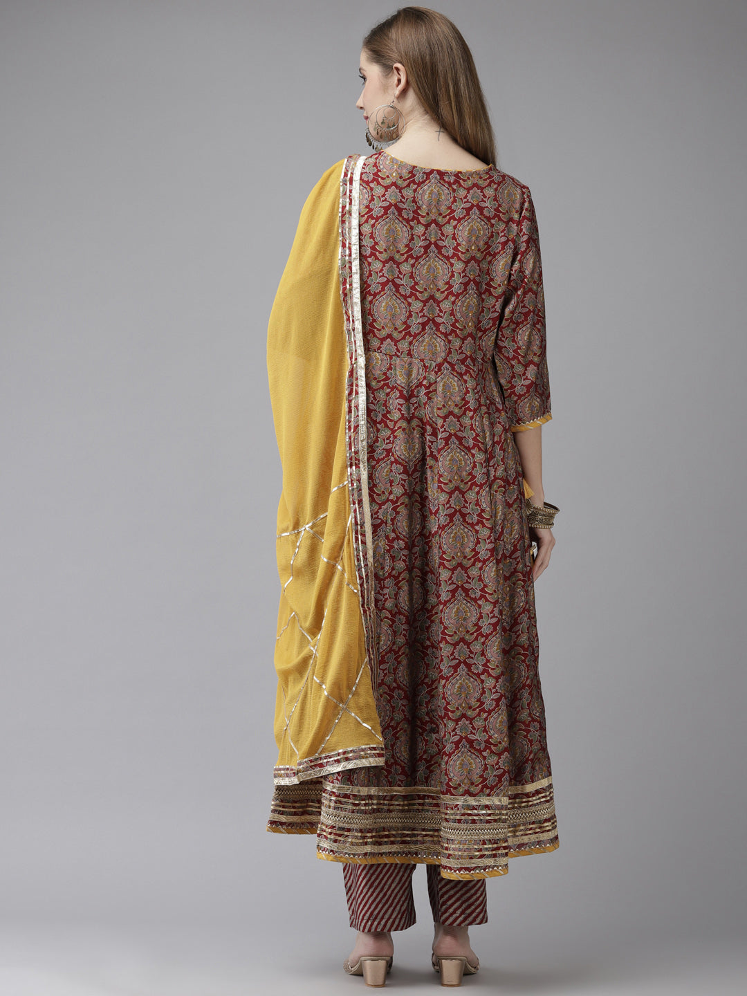 Ishin Women's Art Silk Maroon Embroidered Anarkali Kurta Trouser Dupatta Set