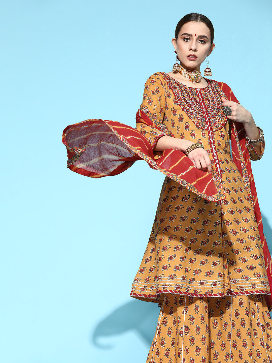 Ishin Women's Cotton Mustard Embroidered A-Line Kurta Sharara Dupatta Set 
