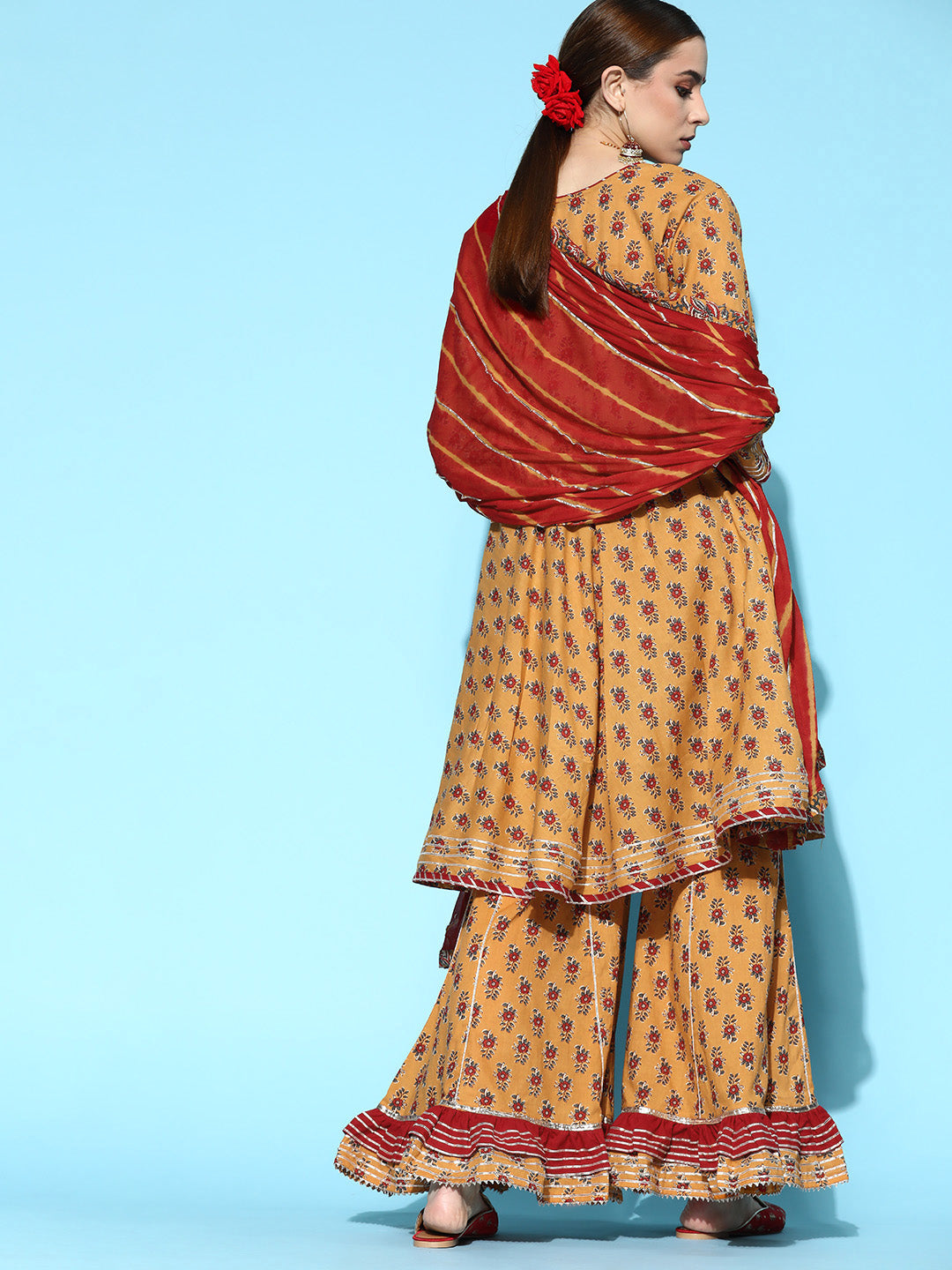 Ishin Women's Cotton Mustard Embroidered A-Line Kurta Sharara Dupatta Set 