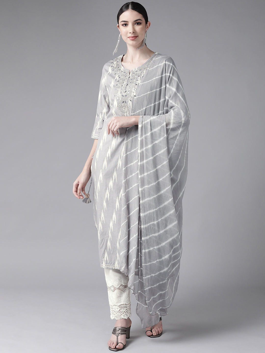Ishin Women's Cotton Blend Grey Embroidered A-Line Kurta Trouser Dupatta Set