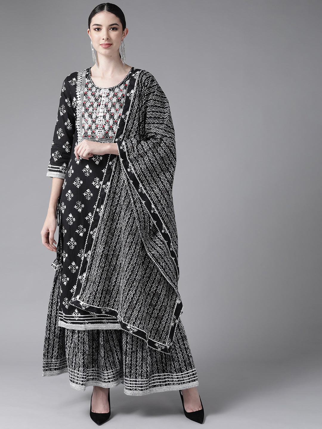 Ishin Women's Cotton Blend Black Embroidered A-Line Kurta Sharara Dupatta Set