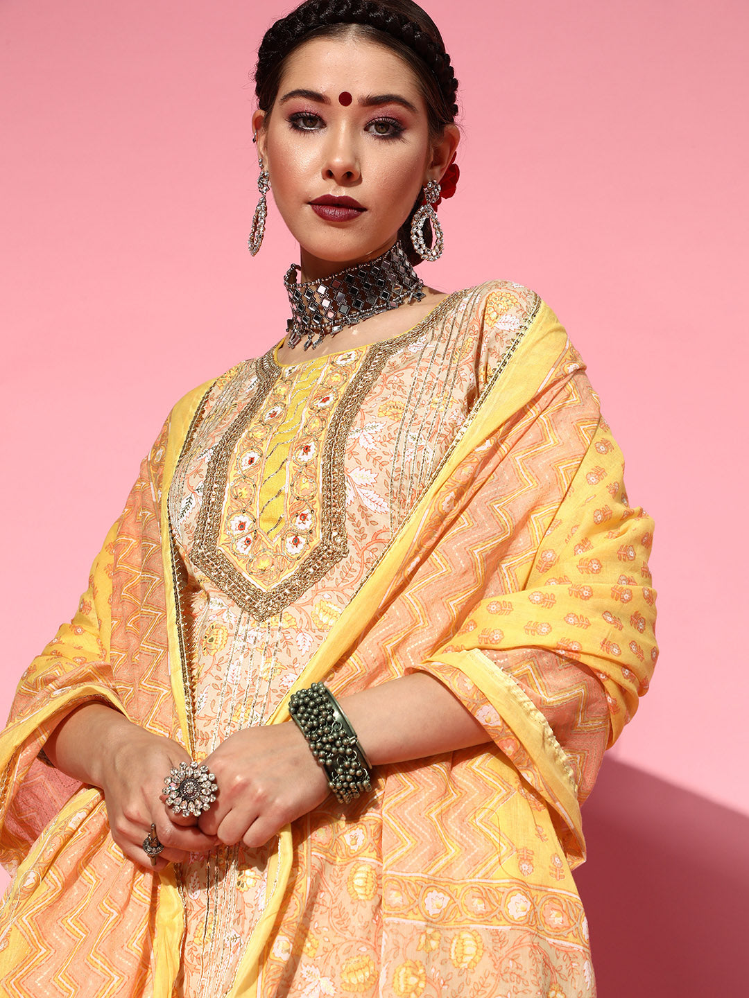 Ishin Women's Cotton Blend Embroidered Anarkali Peplum Kurta Sharara Dupatta Set