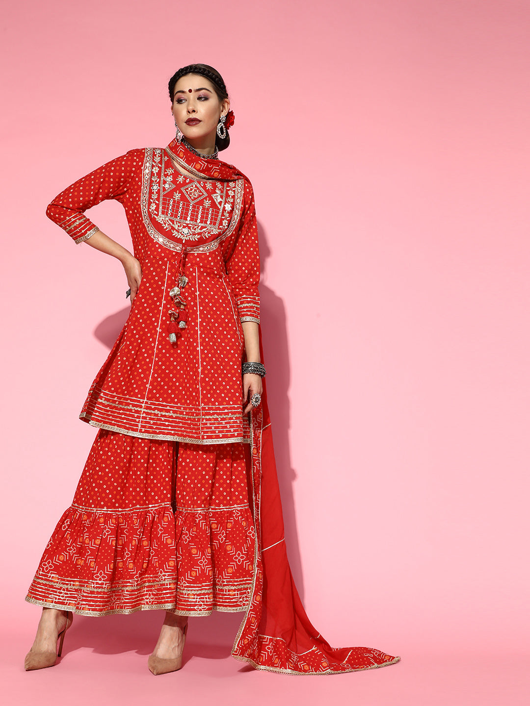 Ishin Women's Cotton Blend Red Embroidered Anarkali Peplum Kurta Sharara Dupatta Set