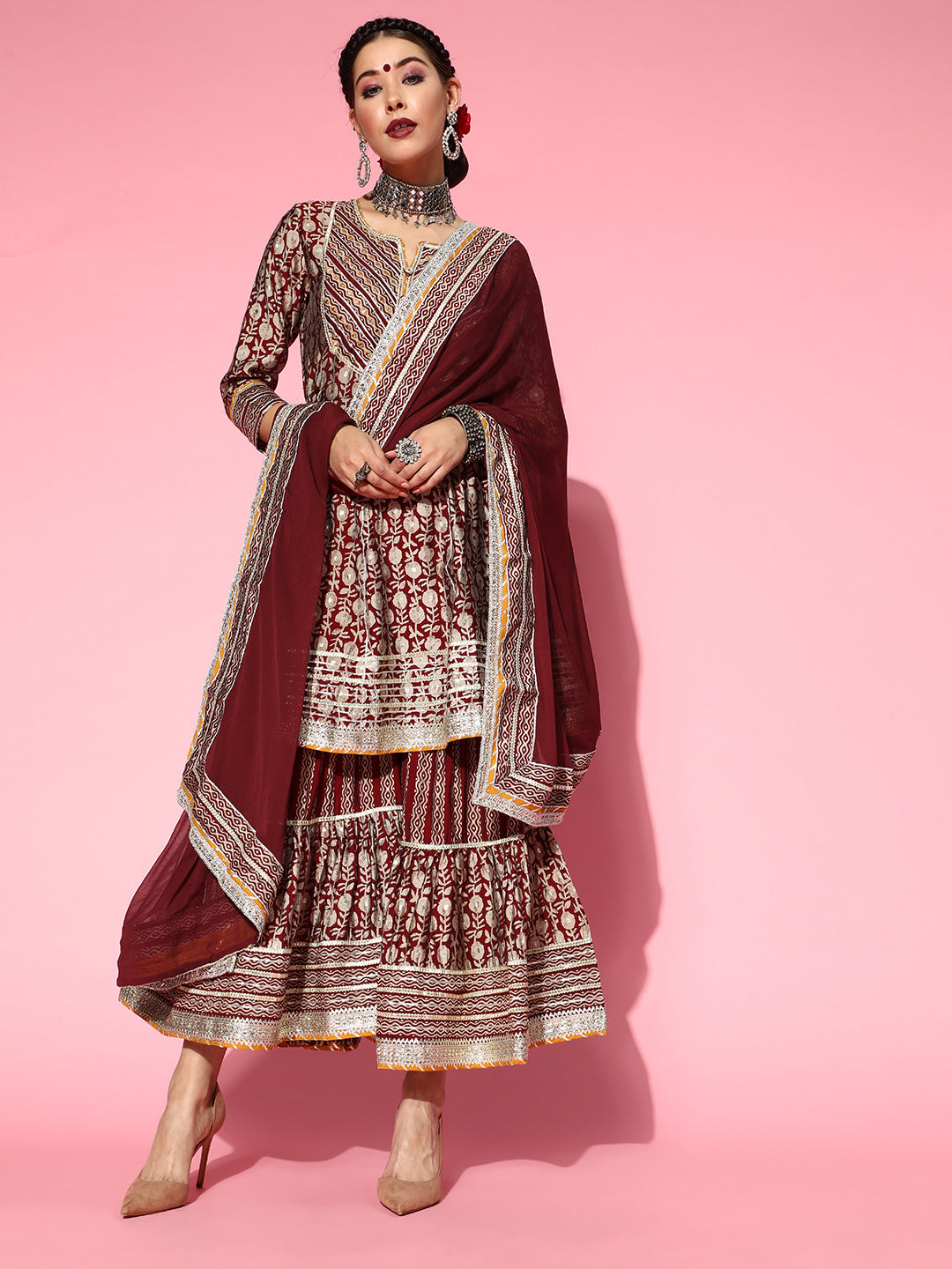 Ishin Women's Art Silk Maroon Embroidered Anarkali Peplum Kurta Sharara Dupatta Set