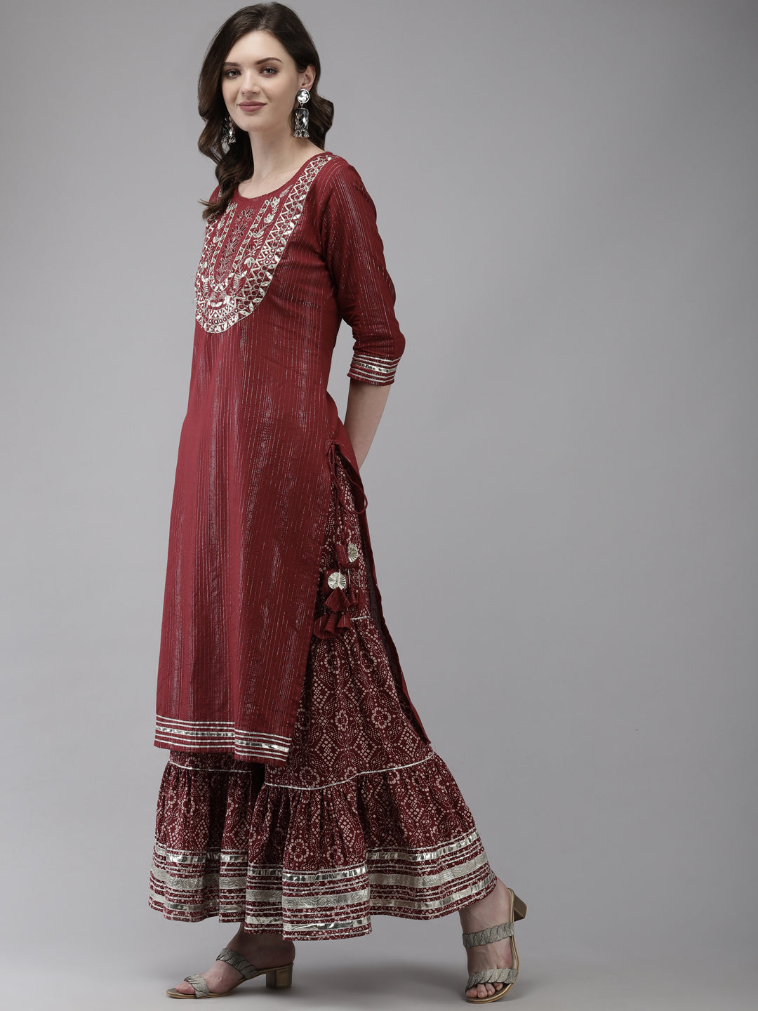 Ishin Women's Maroon Embroidered A-Line Kurta with Sharara & Dupatta