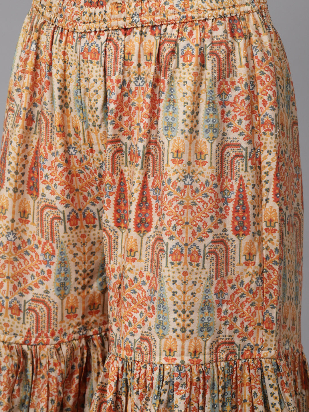 Ishin Women's Silk Blend Beige Embroidered A-Line Kurta Sharara Dupatta Set