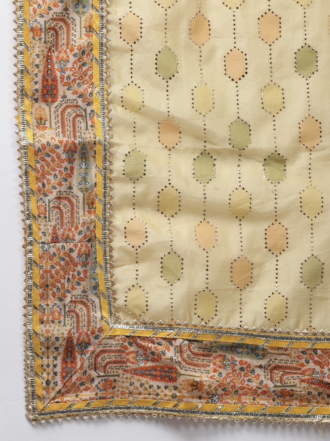 Ishin Women's Silk Blend Beige Embroidered A-Line Kurta Sharara Dupatta Set
