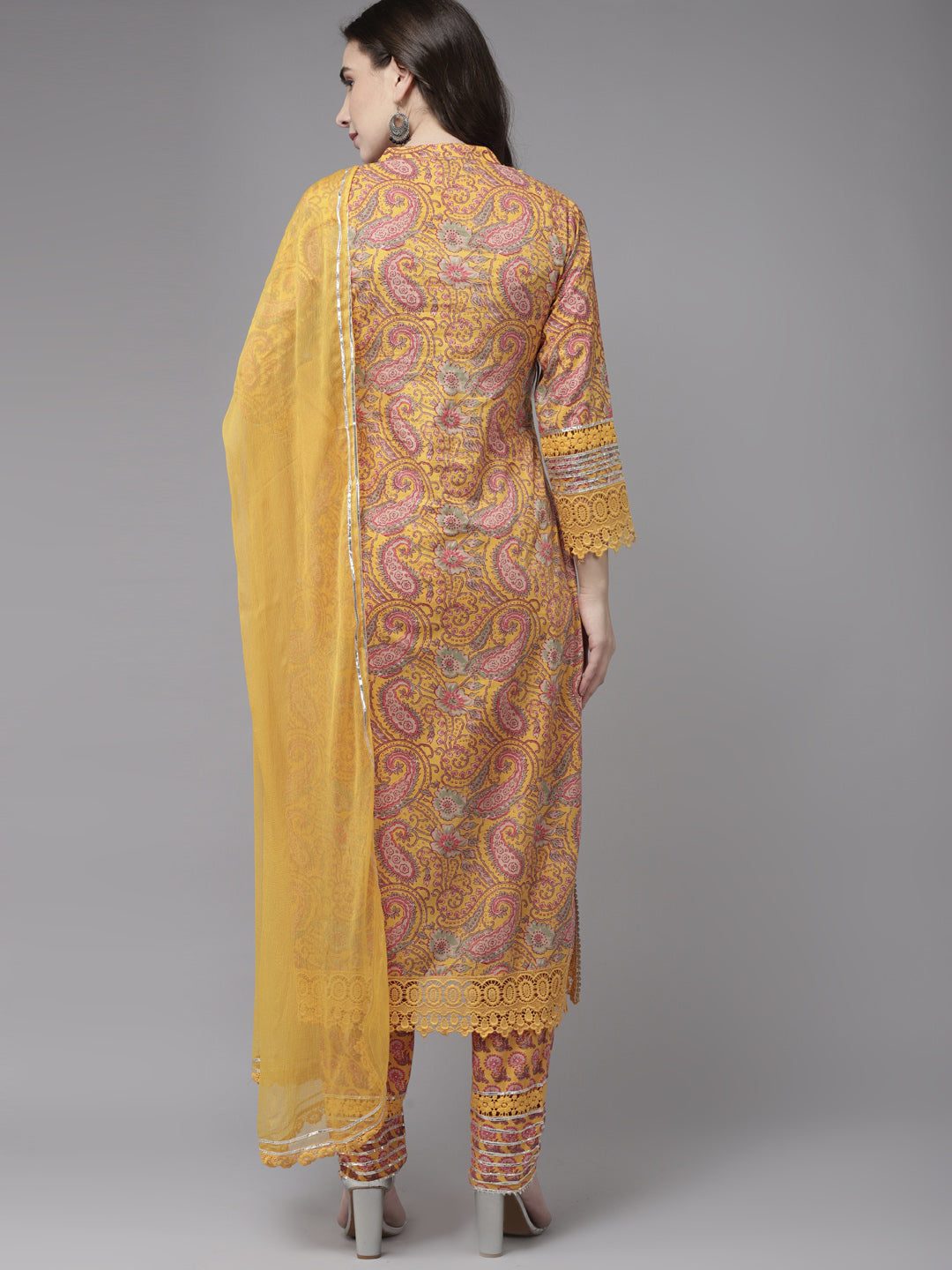 Ishin Women's Cotton Blend Mustard Embroidered A-Line Kurta Trouser Dupatta Set