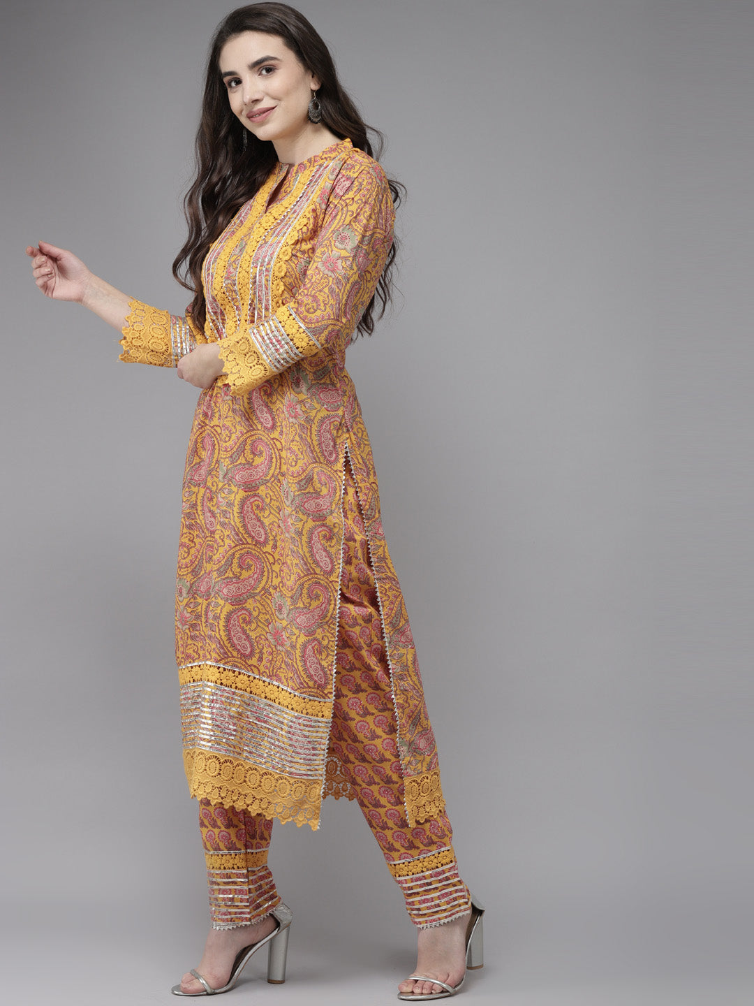 Ishin Women's Cotton Blend Mustard Embroidered A-Line Kurta Trouser Dupatta Set