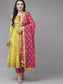 Ishin Women's Yellow & Pink Embroidered Anarkali Kurta Trouser Dupatta Set