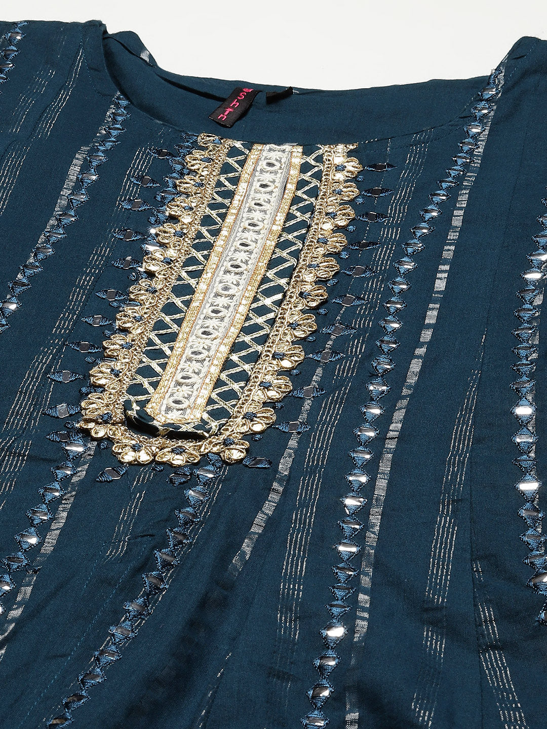 Ishin Women's Cotton Blend Teal Embroidered Anarkali Kurta Sharara Dupatta Set