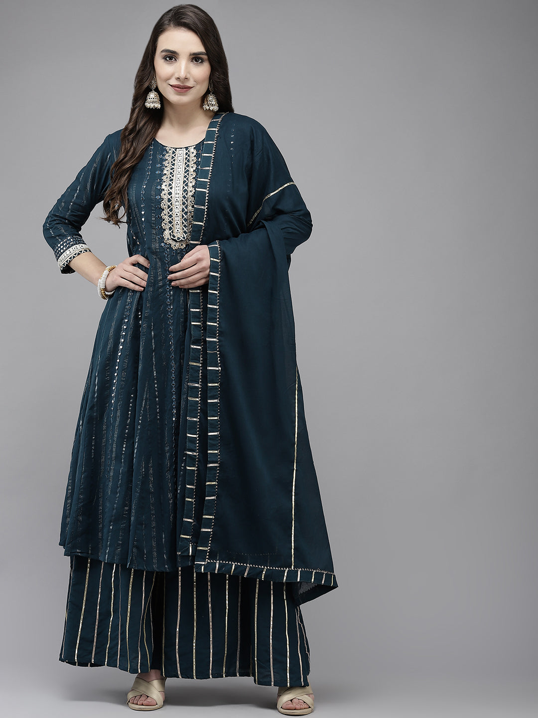 Ishin Women's Cotton Blend Teal Embroidered Anarkali Kurta Sharara Dupatta Set