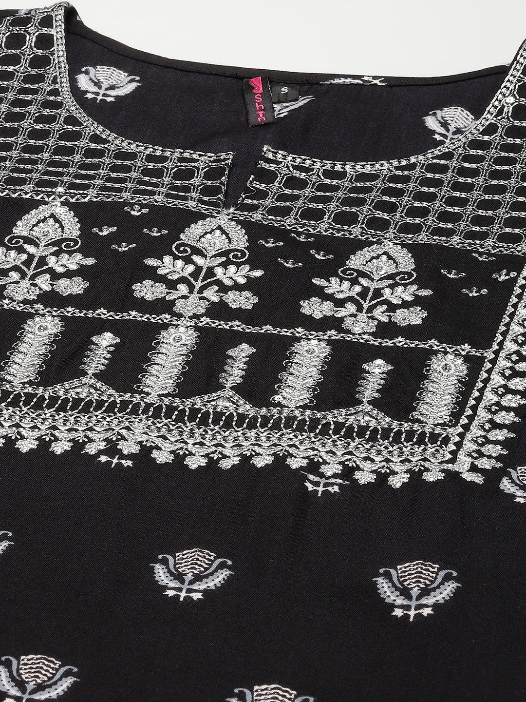 Ishin Women's Black Embroidered A-line Kurta with Sharara & Dupatta