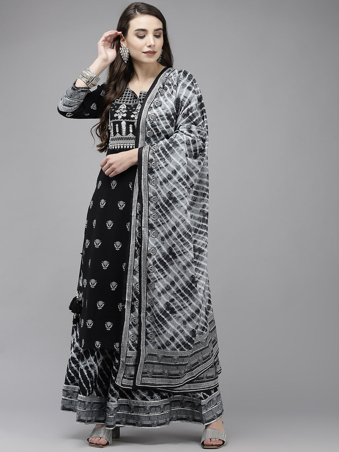 Ishin Women's Black Embroidered A-line Kurta with Sharara & Dupatta