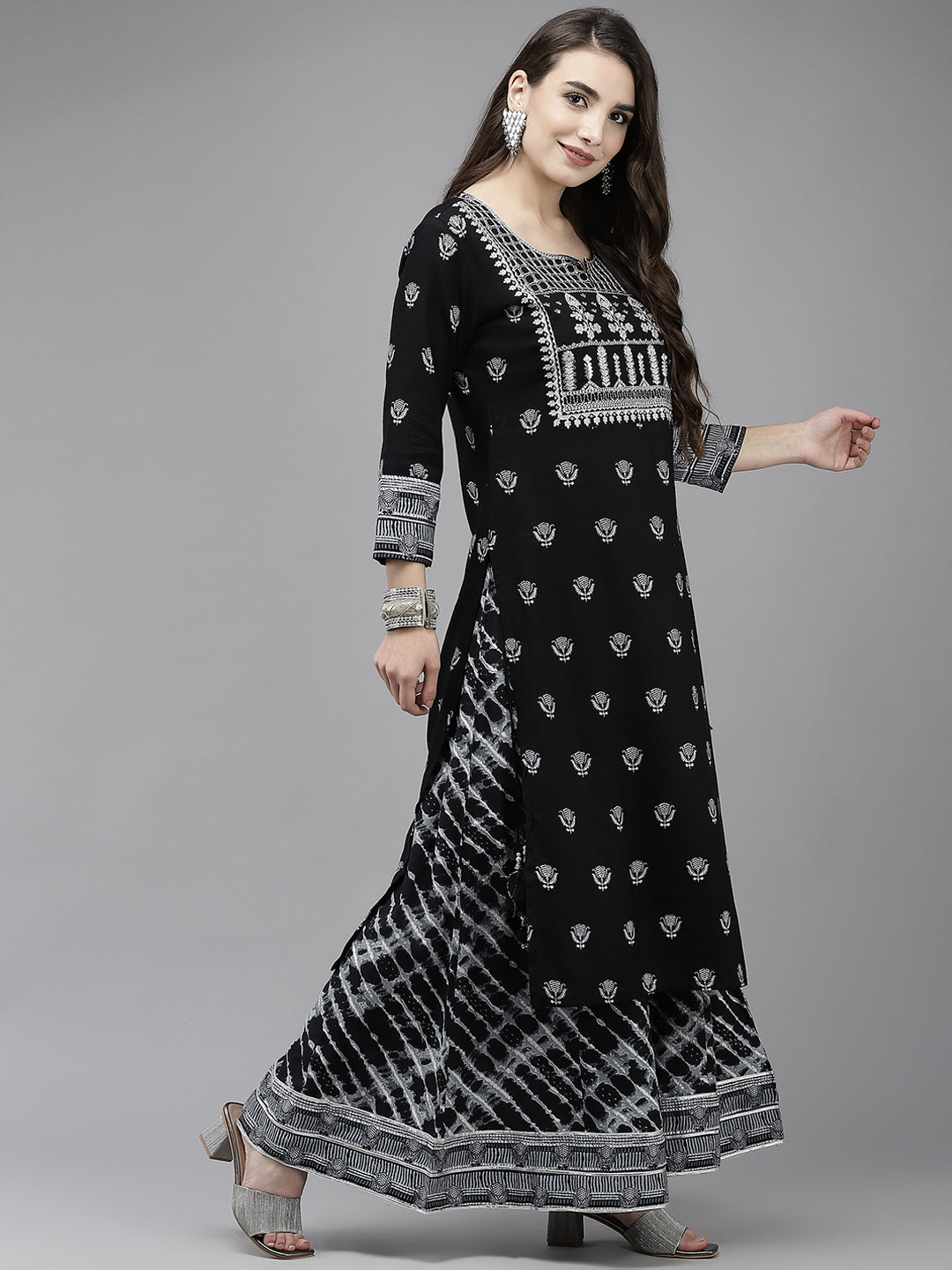 Ishin Women's Black Embroidered A-line Kurta with Sharara & Dupatta