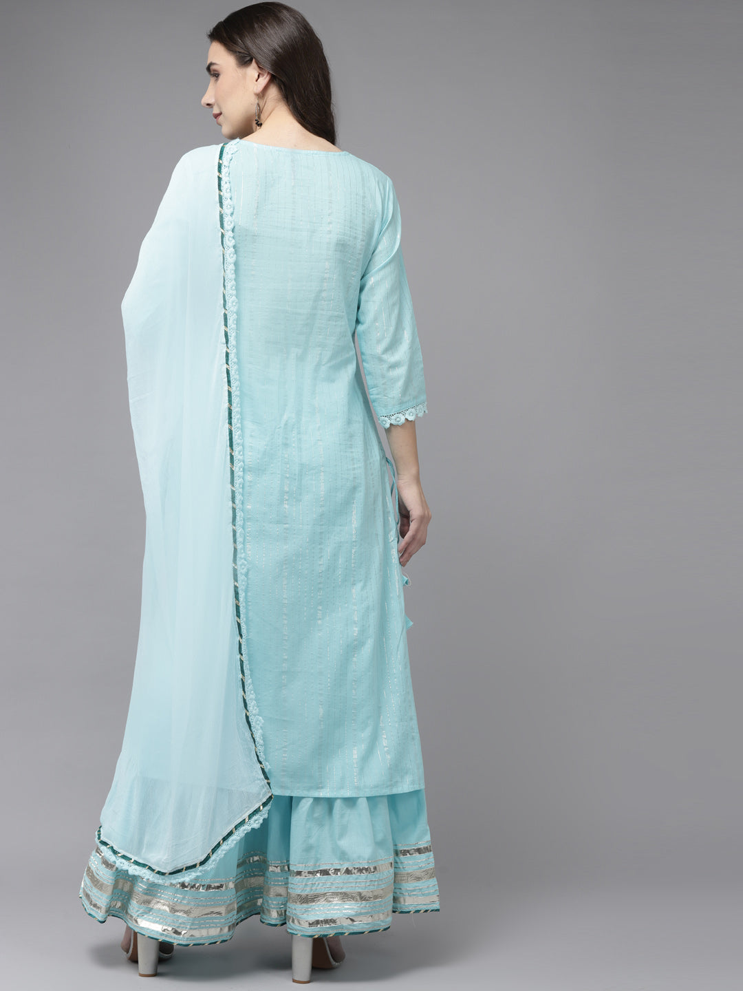 Ishin Women's Cotton Blue Embroidered A-Line Kurta with Sharara Dupatta Set