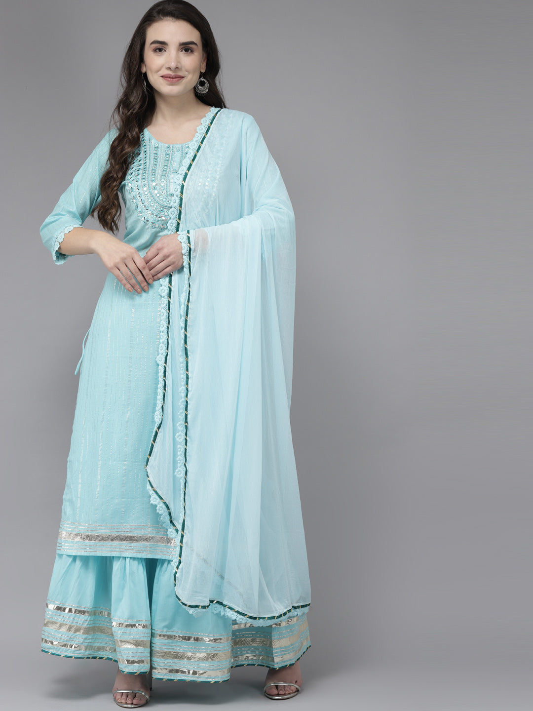 Ishin Women's Cotton Blue Embroidered A-Line Kurta with Sharara Dupatta Set