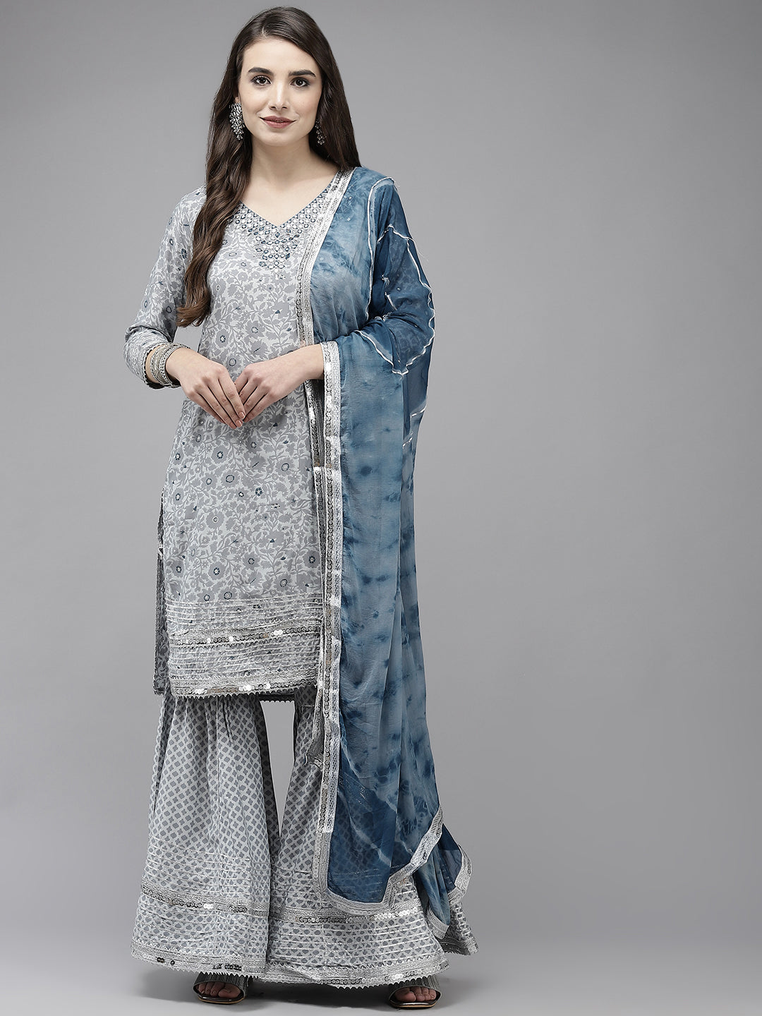 Ishin Women's Silk Blend Grey Embroidered A-Line Kurta Sharara Dupatta Set