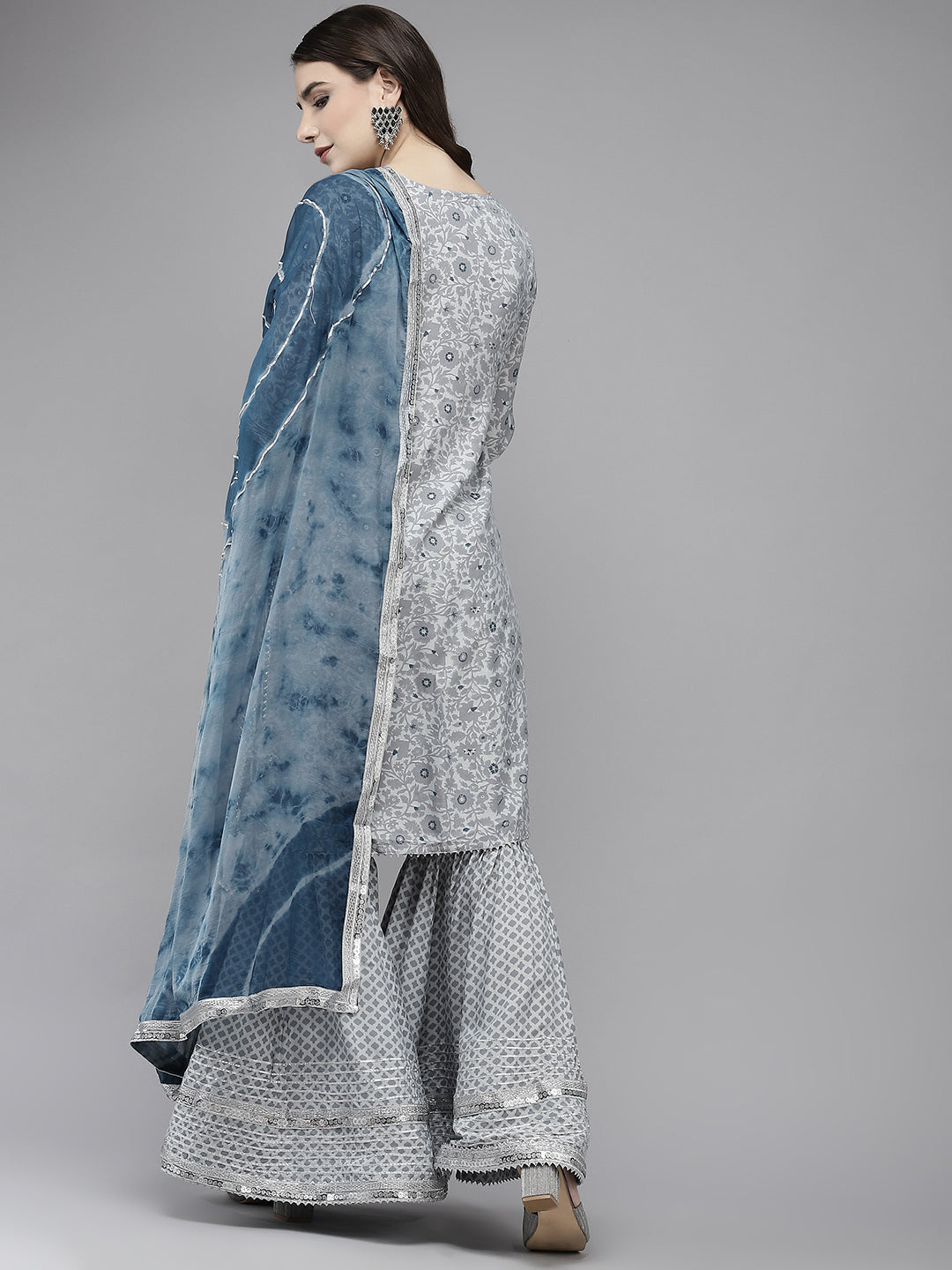 Ishin Women's Silk Blend Grey Embroidered A-Line Kurta Sharara Dupatta Set