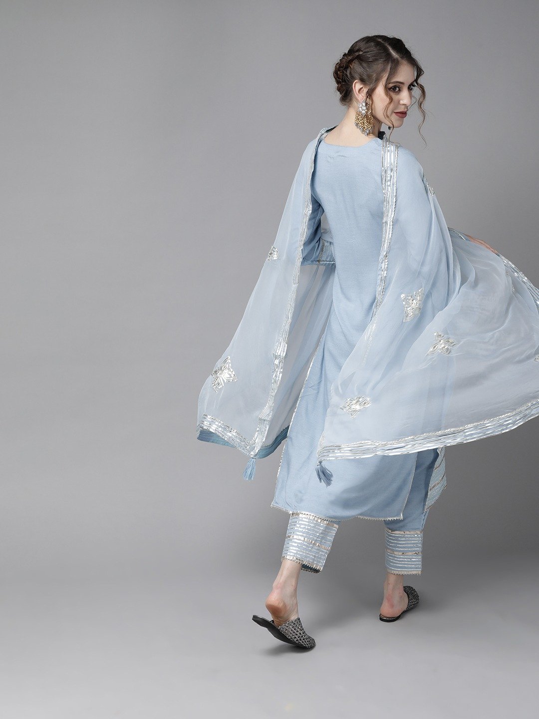 Ishin Women's Blue Gota Patti Embroidered A-Line Kurta Trouser Dupatta Set
