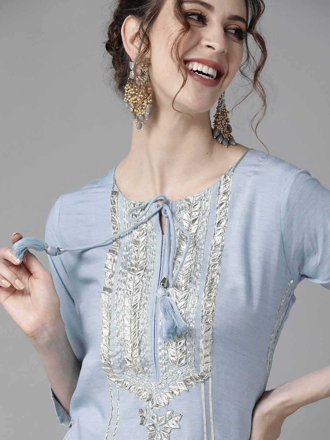 Ishin Women's Blue Gota Patti Embroidered A-Line Kurta Trouser Dupatta Set